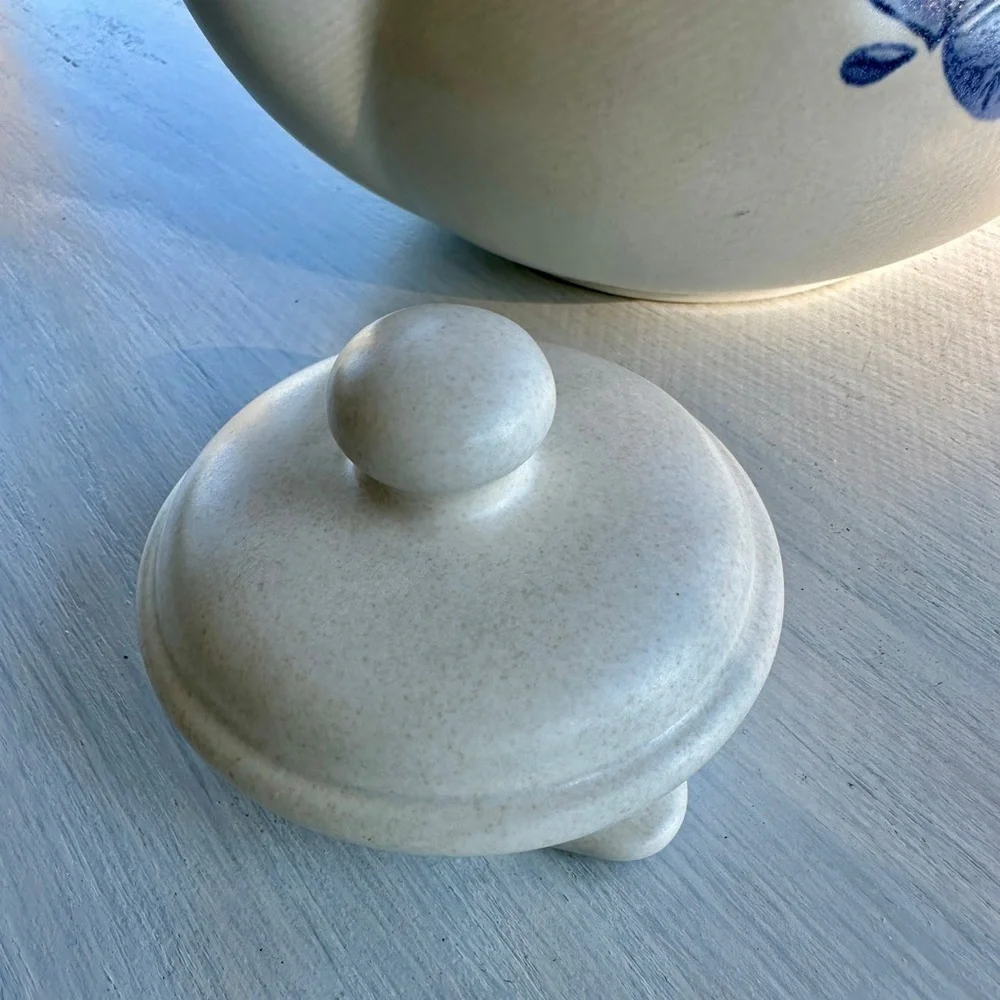 VINTAGE, PFALTZGRAFF, WHITE IRONSTONE TEAPOT WITH BLUE FLORAL PATTERN.
